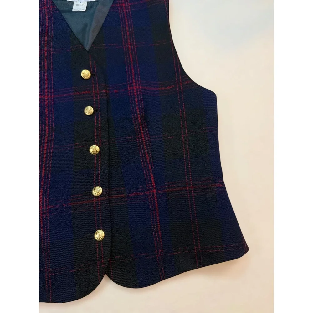 Pendleton Mens Plaid Virgin Wool Vest‎ Navy Blue Red Gold Crest Buttons USA Made